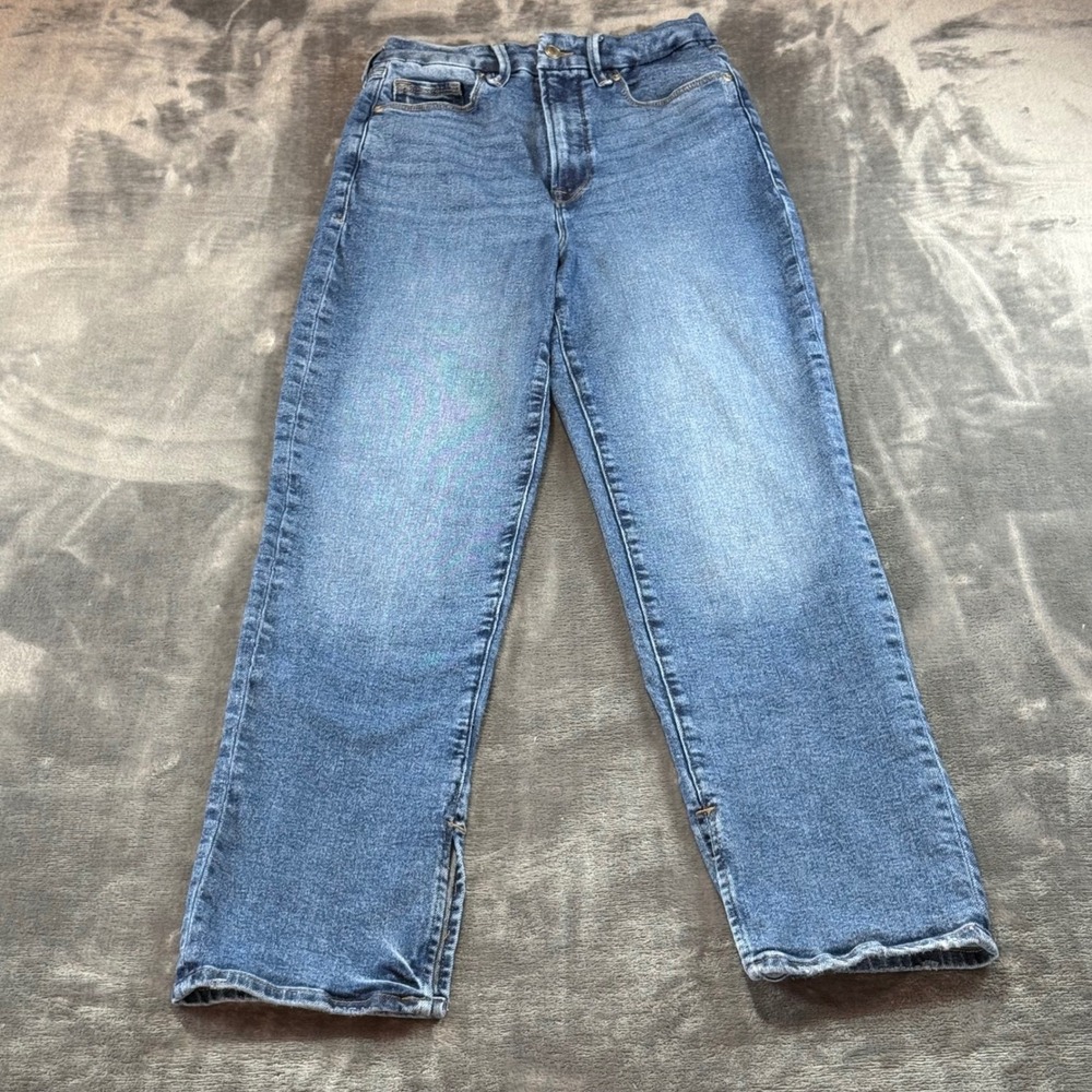 Good American Good Boy High Rise Straight Leg Side Slit Jeans Indigo Size 6 28